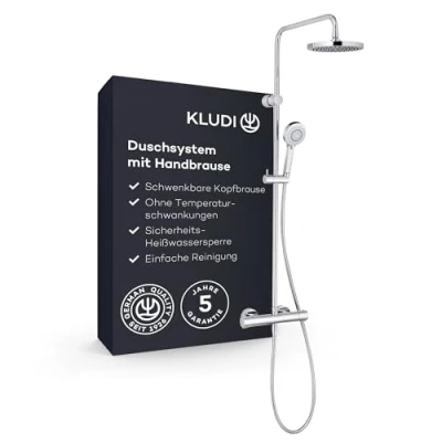Abbildung von KLUDI X3 Duschsystem mit Thermostat, Regendusche (20 cm), Komplettset aus Duscharmatur, Duschkopf Schlauch, Duschbrause und Brausestange, Kopfbrause im Winkel verstellbar, 3 Strahlarten, Chrom