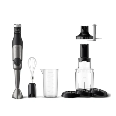 Abbildung von Philips Stabmixer HR2684/00 5000 Series, mit ProMix Technologie, Becher, 1200 W, Schneebesen, Spiralschneider und XL Zerkleinerer, Edelstahl/Schwarz