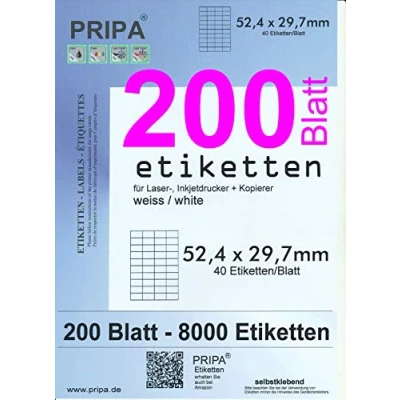 Abbildung von pripa Amazon FBA Versand Etiketten 52,4 x 29,7 mm 40 Stueck auf A4 200 Blatt DIN selbstklebende