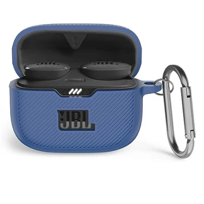 Abbildung von MOWYEOK Silikon Hülle kompatibel mit JBL Tune 130NC TWS, Tragbare Kratz und stoßfeste Silikonhülle, Front LED sichtbar, für TWS Gehäusezubehör, Karabiner Blau