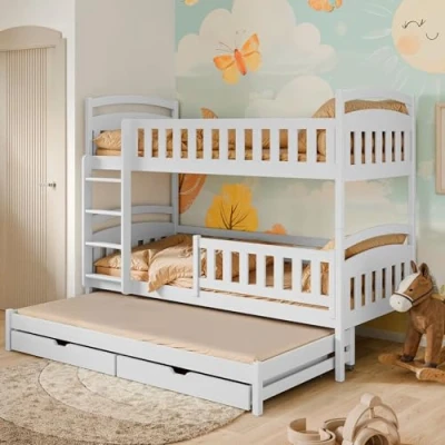 Abbildung von Kids Collective Etagenbett Hochbett Kinderbett 90x200 cm mit Lattenrost und Rausfallschutz, Ausziehbett, zwei Schubladen, umbaubar in drei Einzelbetten, weiß