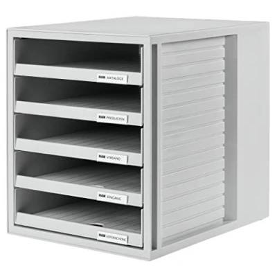 Abbildung von HAN Schubladenbox SCHRANK SET mit 5 offenen Schubladen für Unterlagen bis DIN C4, auf dem Schreibtisch oder im Schrank, inkl. Auszugsperre, möbelschonende Gummifüße, 1401 11, lichtgrau