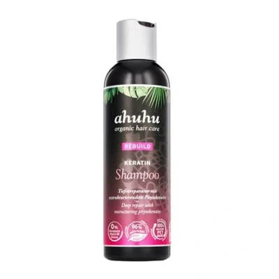 Abbildung von ahuhu REBUILD Keratin Shampoo (200 ml) restrukturierende Haar Aufbaupflege mit pflanzlichem Phytokeratin &amp; Granatapfel, dringt tief ein baut das von innen wieder auf, vegane Haarpflege