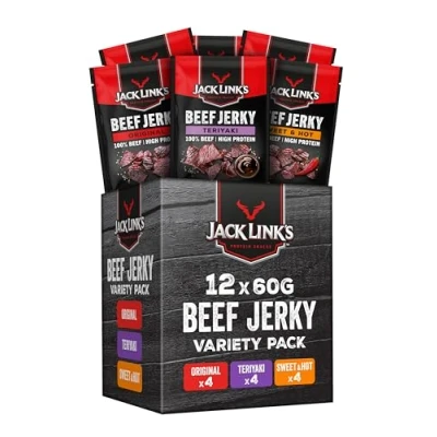 Abbildung von Jack Links Beef Jerky Mischkarton 12er Pack (12 x 60g) Trockenfleisch Eiweiß Snacks High Protein Snack für Gym, Fitness, Outdoor American Food Menschen Dörrfleisch Chips aus Rind Fleisch