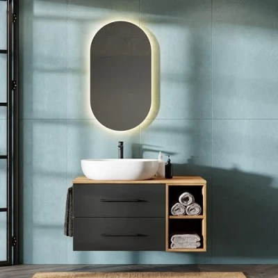 Abbildung von Planetmöbel LUX Badmöbel Set Waschbecken mit Unterschrank 100 cm, Aufsatz 60 cm weiß, Spiegel 50 (ohne LED), Waschbeckenunterschrank Gold Eiche/Anthrazit