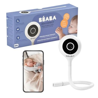 Abbildung von BÉABA Babyphone Zen Connect Video 1080 p Full HD Kamera Walkie Talkie, große Reichweite Verbindung mit Mobilnetzwerk und WLAN möglich Schlaflieder, flexible Stange Weiß