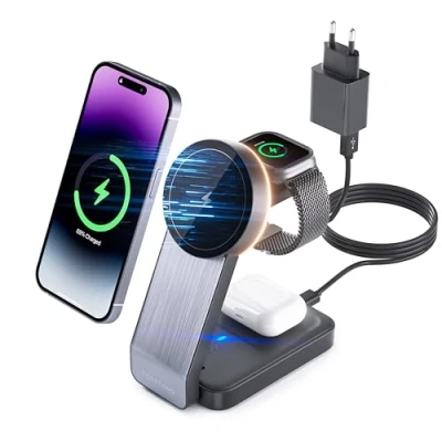 Abbildung von tigratigro 3 in 1 Faltbar Kabellose Ladestation, Magnetische Ladestation Kompatibel mit iPhone 15 14 13 12, Travel Wireless Charger für Apple Watch 9/Ultra 2/8/7/6/SE/5/4, AirPods (Schwarz)