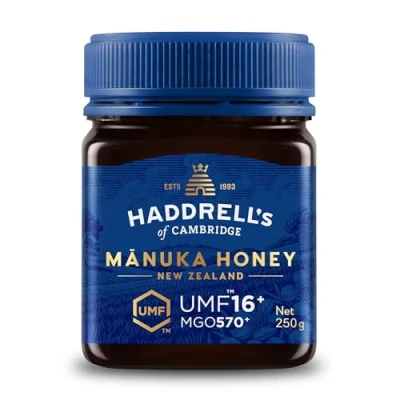 Abbildung von Haddrells Manuka Honig 550+ MGO 250 gr Premium aus Neuseeland mit zertifiziertem Methylglyoxal Gehalt, laborgeprüft Manukahonig