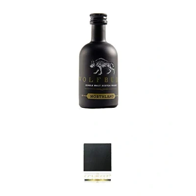 Abbildung von Wolfburn Northland Single Malt Whisky Miniatur 0,05 Liter + Schiefer Glasuntersetzer eckig ca. 9,5 cm Durchmesser