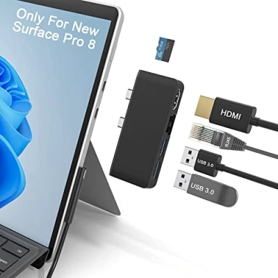 Abbildung von Surface Pro 8 Hub Docking Station mit 4K HDMI Adapter+100M Ethernet LAN+USB 3.0 Anschluss* 2 + Micro SD(TF) Kartenleser Adapter für Microsoft