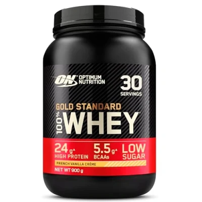 Abbildung von Optimum Nutrition Gold Standard 100% Molkenproteinpulver für Muskelaufbau und regeneration mit natürlich vorkommendem Glutamin BCAA Aminosäuren, French Vanilla, 30 Portionen, 900 g