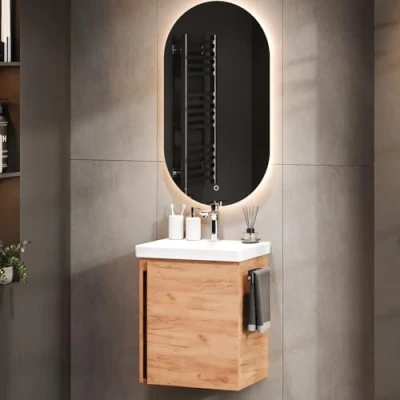 Abbildung von Planetmöbel Waschtischunterschrank in Gold Eiche 50cm mit Waschbecken &amp; Spiegel, Badmöbel Set für Badezimmer Gäste WC