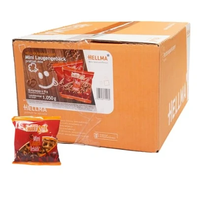 Abbildung von HELLMA Mini Laugengebäck 70 Stk. Knabberei im Beutel je 15 g einzeln verpackt salziger Snack Mix in Vorrats Box