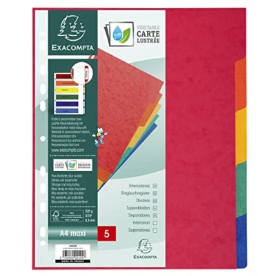 Abbildung von Exacompta 2405E Premium Register für DIN A4 MAXI aus starkem Colorspankarton 5 teilig volle Höhe 24 x 30 cm vollfarbig Farben mit Indexseite zum selbstgestalten Trennblätter Trennstreifen