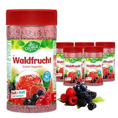 Abbildung von KING GEORGE Royal Tea Time, Waldfrucht Instantgetränk 6 x 400 g, Heiß &amp; Kalt ein Genuss, Instantteegetränk mit Waldfruchtgeschmack, ergibt bis zu 4 l, Schwarzteeextrakt