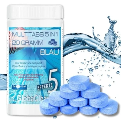 Abbildung von GlobaClean Multitabs 5 in 1 20g 1kg Blau Chlortabletten für Pool mit Phasen zur Pflege, Reinigung &amp; Desinfektion Mini kristallklares und hygienisches Poolwasser