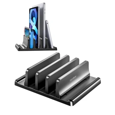 Abbildung von VAYDEER Vertikaler Laptopständer Platzsparend &amp; Verstellbar, 5 in 1, 3 Steckplätze, für MacBook, Notebook, iPad Laptops bis 17,3 Zoll Schwarz.