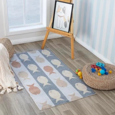 Abbildung von Surya Fisch Kinderteppich Cartoon Teppich Kinderzimmer oder Babyzimmer, Kinderzimmerteppich, Krabbelteppich Spielteppich Baby für Jungen &amp; Mädchen, Creme, Grau, Orange 80x150cm