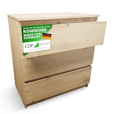 Abbildung von CDF Kommode Malwa M3 Farbe: Eiche Artisan Schrank für Dokumente, Kleinigkeiten Ideal Wohnzimmer, Schlafzimmer, Kinderzimmer, Jugendzimmer und Büro 3 geräumige Schubladen Nachttisch