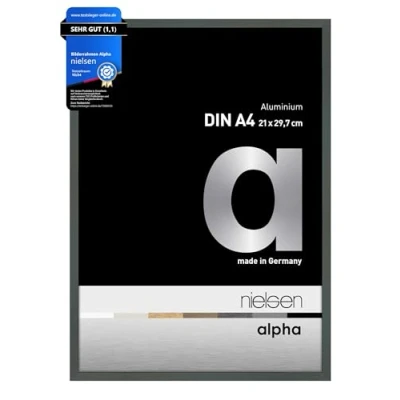 Abbildung von nielsen Bilderrahmen, 21 x 29,7 cm (A4), Aluminium, Platin glanz, Dokumentenrahmen zum Aufhängen im Hoch &amp; Querformat, Echtglas, Alpha