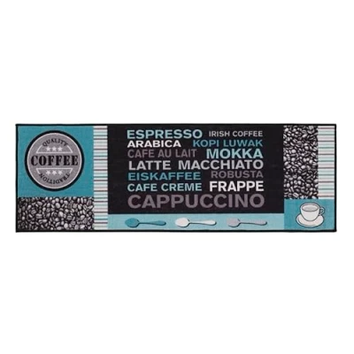 Abbildung von andiamo Teppich Läufer Cafe Creme Küchenläufer Flur mit Kaffe Schriftzügen Küchenteppich 50 x 150 cm Grau türkis