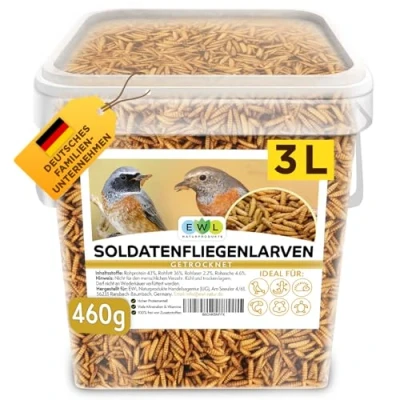 Abbildung von EWL Naturprodukte Soldatenfliegenlarven getrocknet 3 ltr. Premium Insektensnack Vögel, Fische, Schildkröten, Nager, Reptilien, Vogelfutter Wildvögel Ganzjährig Eichhörnchen Futter Igelfutter, 460g