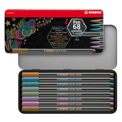 Abbildung von Premium Metallic Filzstift STABILO Pen 68 8er Metalletui mit Hängelasche 8 verschiedenen Farben