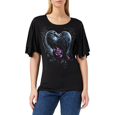 Abbildung von Spiral Raven Heart Oberteil mit U Ausschnitt &amp; Fledermausärmeln Schwarz XXL