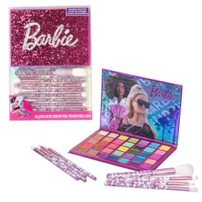 Abbildung von Barbie Schattenpalette mit 35 Löchern, schimmernde und abdeckende Farben, pigmentiert, mischbar, 8 Anwendungsbürsten, ab Jahren, perfekt für Partys, Nächte Makeovers, von Townley Girl