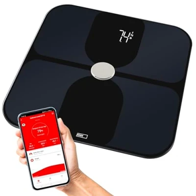 Abbildung von EMOS Smart Körperfettwaage, BMI Personenwaage mit ITO Glas, Körperwaage zum Messen und Analysieren 14 Körperdaten, Speicher für 8 Benutzer, GoSmart App, iOS/Android, Bluetooth, Tragfähigkeit 180 kg