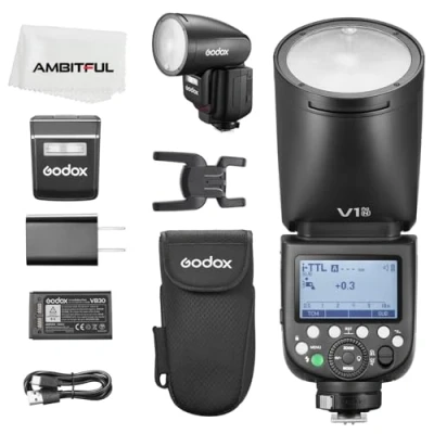 Abbildung von Godox V1Pro N Rundkopf Kamerablitz, 2,4 G X, kabellos, HSS 76 Ws, i TTL, Li Ion, Kamera, Speedlight mit externem Blitz, SU 1 für Nikon