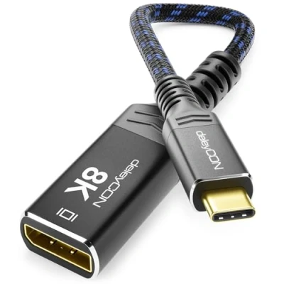Abbildung von deleyCON 8K USB C auf DisplayPort Adapter Für Monitor (8K@60Hz / 4K@120Hz) aus Aluminium, Thunderbolt 3/4, iPhone 16, 15 Pro Max, MacBook, iPad Pro/Air, Samsung Galaxy S24 S23, Notebook, Tablet