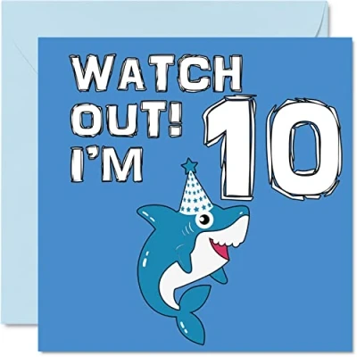Abbildung von Karte zum 10. Geburtstag Junge Shark Watch Out Alles Gute Geburtstagskarte 10 Jahre alter Junge, Jungenkarten für Ihn, 145mm, Grußkarte Sohn, Bruder, Enkel, Neffe, zehnter