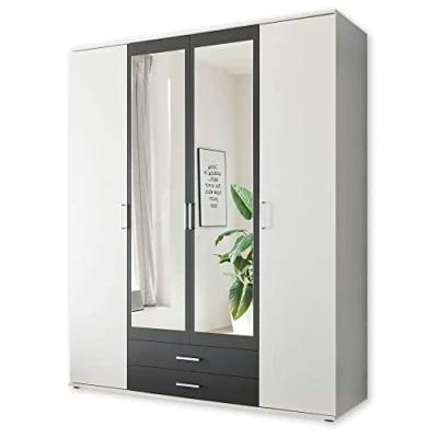 Abbildung von Stella Trading HANAU Kleiderschrank mit Spiegeltür in Weiß, Graphit Vielseitiger Drehtürenschrank 4 türig für Ihr Schlafzimmer 160 x 196 54 cm (B/H/T)