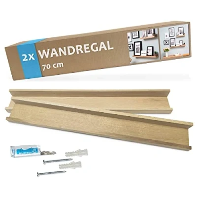 Abbildung von PHOTOLINI Wandregal Eiche Massivholz 70 cm, Schweberegal, 2er Set, modernes Design, Bilderleiste für Fotos, Poster &amp; Deko Objekte zur flexiblen Gestaltung, U Form, einfaches Anbringen