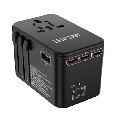 Abbildung von LENCENT 75W Universal Reiseadapter, GaN Internationales Schnellladegerät mit 3 PD3.0 Typ C+2 QC USB A, Weltweiter Adapter für Handys, Laptops, All in One Reiseadapter EU/USA/UK/AU Steckdosen
