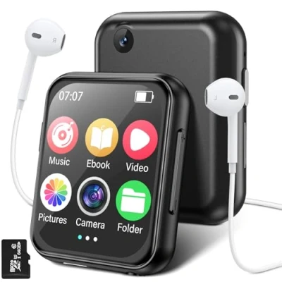 Abbildung von 64GB MP3 Player mit Bluetooth 5.4, Full Touchscreen HiFi Verlustfreier Ton Music 720P HD Kamera, Lautsprecher, Aufnahme, FM Radio, E Book, Wörterbuch usw, Unterstützt bis zu 256G