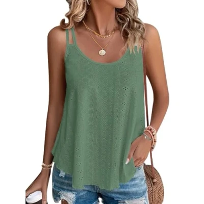Abbildung von WNEEDU Damen Tank Tops Sommer Spaghetti Cami Oberteile Ärmellose Rundhalsausschnitt Blusen Top Shirts Dunkelgrün S