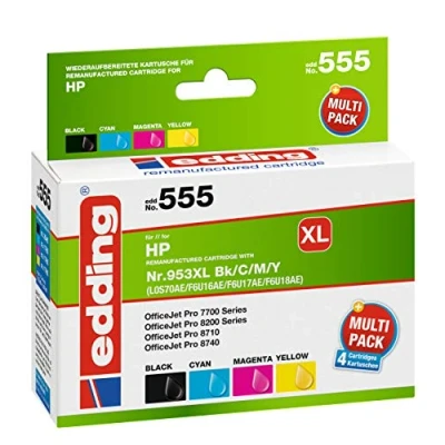Abbildung von edding Druckerpatrone EDD 555 Multipack 4 Schwarz, Cyan, Magenta, Gelb 1x 53 ml + 3x 26 Reichweite 2045 1765 Seiten Ersetzt HP 953XL (L0S70/F6U16/F6U17/F6U18)