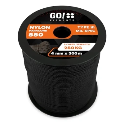 Abbildung von GO!elements 300m Paracord Seil aus reißfester Nylonschnur 4mm 550 Typ III Schnur geeignet als Allzweckseil &amp; Reepschnur Max. 250kg, Farbe: Schwarz