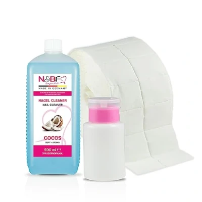 Abbildung von NAILS FACTORY N&amp;BF Nagel Cleaner Set mit Duft 500ml + Dispenser Pumpflasche Rosa 150ml 1000 Zelletten Cellulose Pads (2 Rollen à 500 Stück) 70% Isopropanol Alkohol für Gelnägel (Kokosnuss)