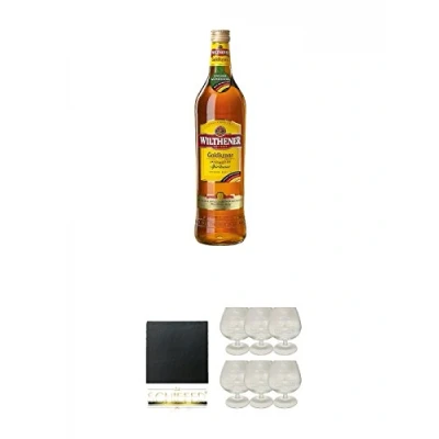 Abbildung von Wilthener Goldkrone Weinbrand 1,0 Liter + Schiefer Glasuntersetzer eckig ca. 9,5 cm Durchmesser Glas 6 Stück