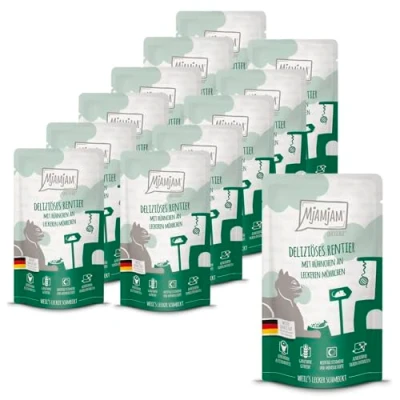 Abbildung von MjAMjAM Premium Nassfutter für Katzen Quetschie deliziöses Rentier mit Hühnchen an leckeren Möhrchen, 12er Pack (12 x 125 g), getreidefrei extra viel Fleisch