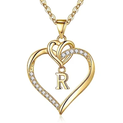 Abbildung von TINGN Kette Gold Damen Buchstaben Kette, 14K Vergoldete Intiale mit CZ Herz Anhänger Halskette für Frauen R Mutter Geschenke Teenager Mädchen