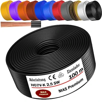 Abbildung von MAS Premium Von 5 bis 100m Aderleitung H07 V K 2,5 mm² SW, HBL, GNGE, RT, DBL, BR, OR, GR, WS, VIO oder GE Einzelader flexibel (Schwarz, 100m)