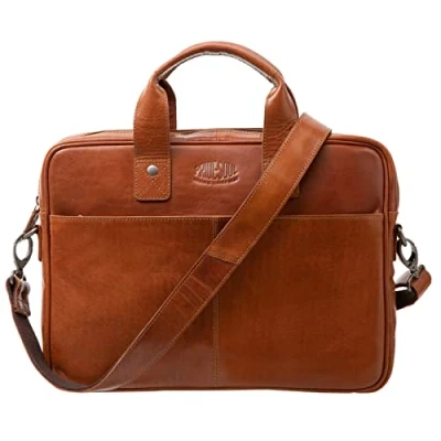 Abbildung von Pride and Soul 47608 Laptoptasche Surprise, Notebooktasche für 12&quot; Laptops, Umhängetasche aus Echt Leder, Tasche Büro und Freizeit, Schultertasche ca. 30 x 38 6,5 cm, Cognac