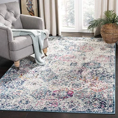Abbildung von SAFAVIEH Distressed Teppich für Wohnzimmer, Esszimmer, Schlafzimmer Madison Collection, Kurzer Flor, Marineblau und Blaugrün, 122 X 183 cm
