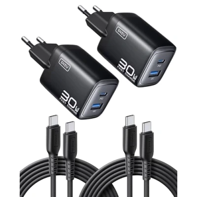 Abbildung von INIU 30W USB C Ladegerät 2 Pack, [USB + A] Netzteil Mehrfach mit Kabel, PD 3.0 Schnellladegerät Stecker, Adapter für iPhone 16 15 Pro Max, iPad Pro, Samsung S24 Ultra, Handy usw