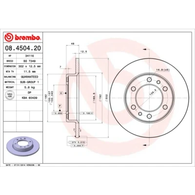 Abbildung von BREMBO 08.4504.20 Bremsscheibe 302 12,4 6 voll TOYOTA: Land Cruiser Prado 70 SUV