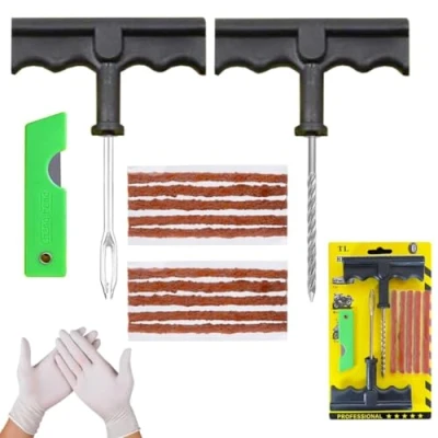 Abbildung von NOOGUI Reifenreparaturset, Reparieren in 15 min, Reifen reparaturset, Autoreifen Bestehend aus 5 Vulkanisierende Streifen, 2 T Griffe und 1 Taschenmesser